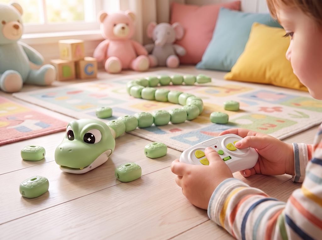 Child steering the green GreedySnake with its remote in a kids room