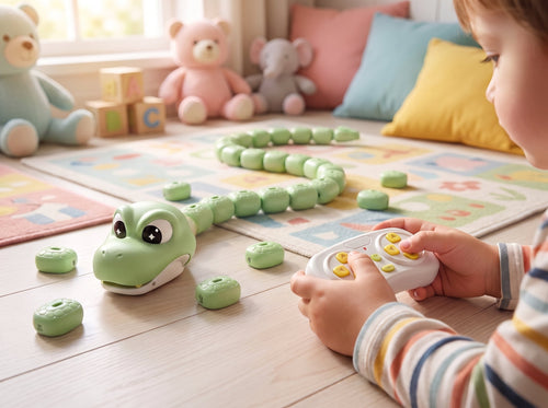 Child steering the green GreedySnake with the remote in a kids room