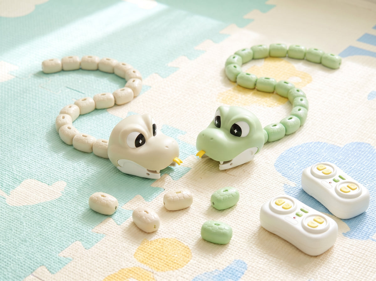 Green and beige GreedySnake racing to collect blocks on a play mat